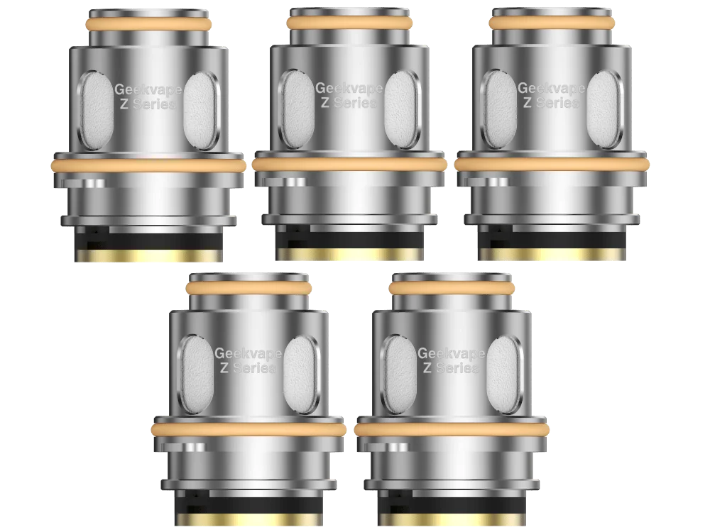 5er-Set GeekVape Z Series XM Boost Verdampferköpfe in Silber-Gold nebeneinander auf weißem Hintergrund