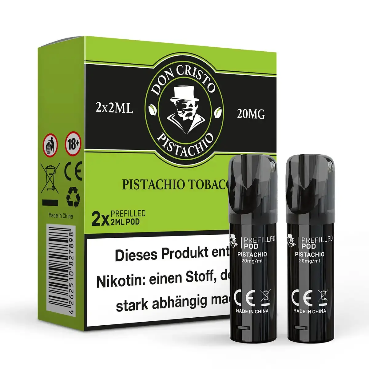 Don Cristo Pistachio Prefilled Pod 2x2ml in grün-schwarzer Verpackung mit zwei schwarzen Pods