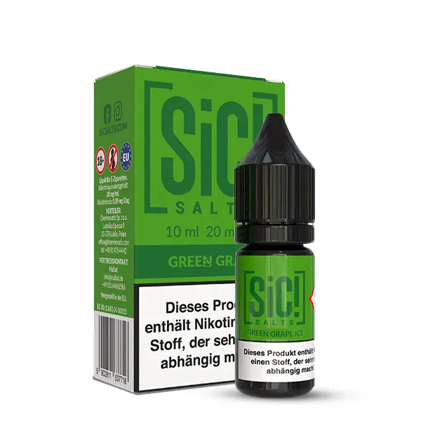 SiC! Salts Green Grape Ice 10ml Nikotinsalz-Liquid – Flasche mit grüner Verpackungsschachtel, Frontansicht
