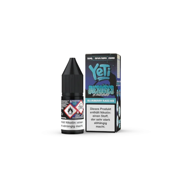 Yeti Overdosed Blueberry Razz Ice 10ml Nikotinsalz-Liquid in blau-schwarzer Flasche mit Eiswürfel-Motiv
