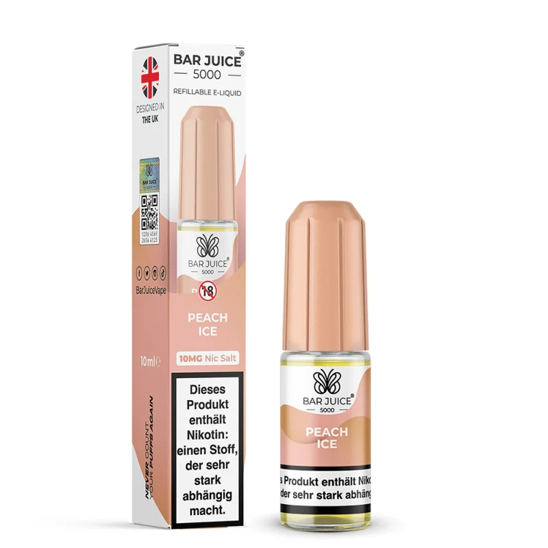 Bar Juice 5000 Peach Ice Nikotinsalz-Liquid 10ml – rosafarbene Flasche mit Einweg-Vape und Verpackung