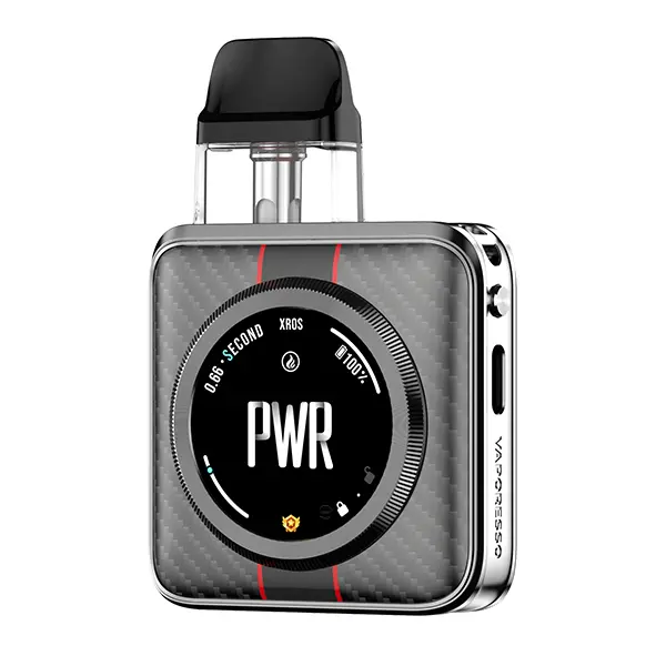 Vaporesso XROS 5 Nano Pod Kit in Dunkelgrau Carbon-Optik mit rotem Akzent und PWR-Display
