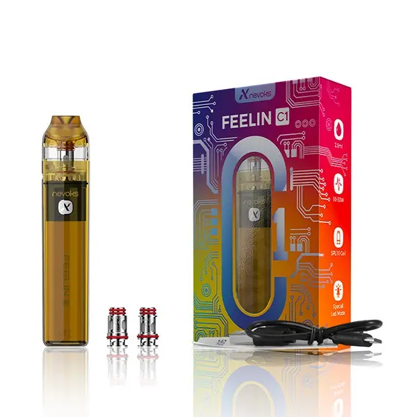 Nevoks Feelin C1 Pod Kit in Gold mit Verpackung, zwei Verdampferköpfen und USB-Kabel