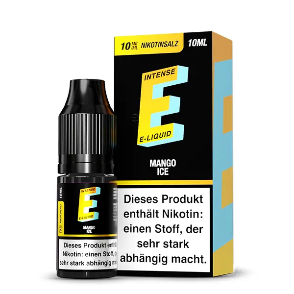 e-intense-mango-ice-nikotinsalz-2.jpg E-Intense Mango Ice 10ml Nikotinsalz-Liquid – Flaschen-Vorderseite mit gelbem Label und Warnhinweis