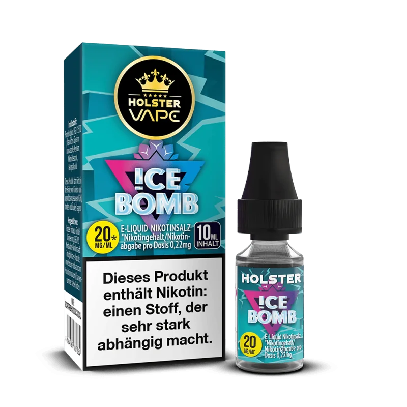 Holster Ice Bomb Nikotinsalz-Liquid 10ml Flasche mit türkis-blauem Etikett, 20 mg Nikotin