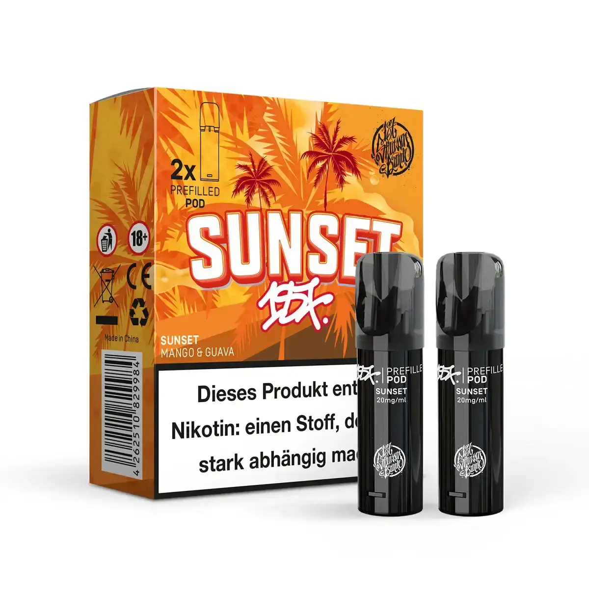 187 Strassenbande Prefilled Pod Sunset, 2er-Packung mit orangegelbem Palmen-Design und zwei schwarzen Pods
