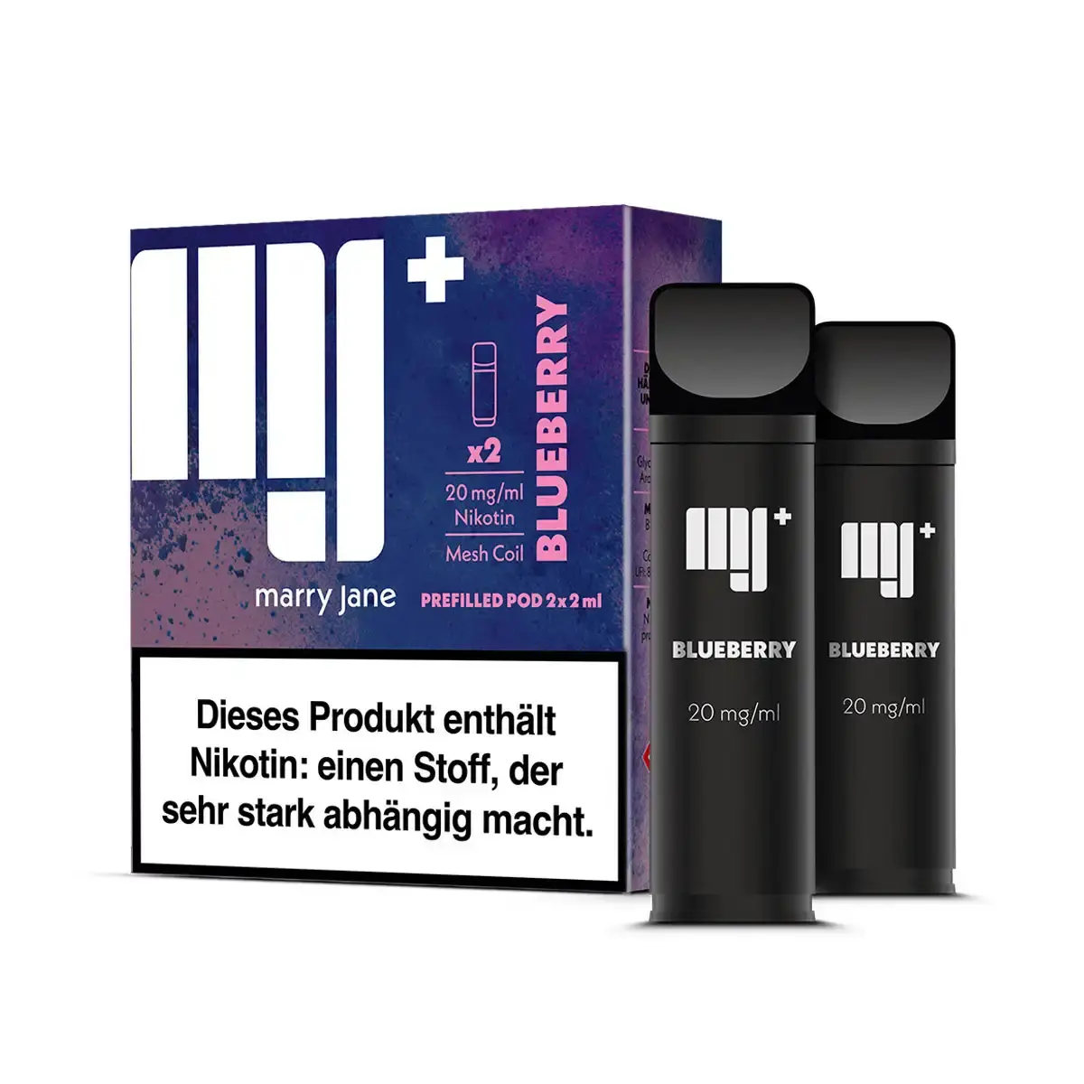 Marry Jane Prefilled Pod Blueberry – Verpackung mit 2 schwarzen Pods, lila-blauer Farbverlauf