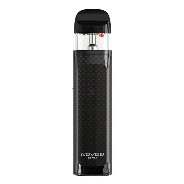 Smok Novo 6 Ultra Pod Kit in Schwarz mit Carbon-Optik, Frontansicht mit transparentem Pod