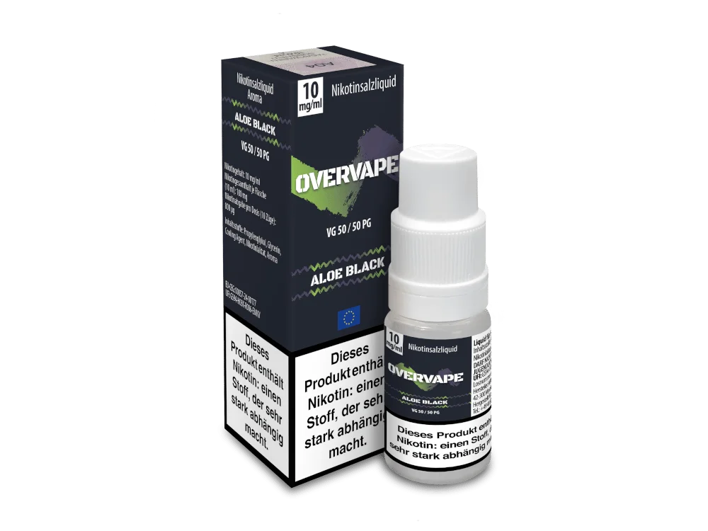 Overvape Aloe Black Nikotinsalz-Liquid 10ml – Flasche neben blau-schwarzer Verpackungsbox, Seitenansicht