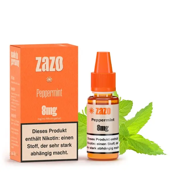 ZAZO Classics Peppermint Liquid 8mg – orangefarbene Schachtel und 10ml Flasche mit Minzblättern im Hintergrund
