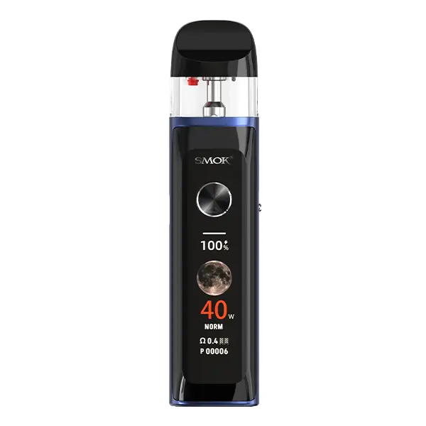 Smok Novo 6 Ultra Pod Kit in Schwarz-Blau mit Display, zeigt 100% Akku und 40W Leistung