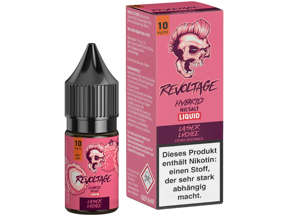 Revoltage Laser Lychee 10ml Hybrid-Nikotinsalz-Liquid – Flasche und Verpackung in Rosa