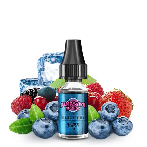 Al Massiva Blaulicht Nikotinsalz-Liquid 10ml Flasche mit Beeren und Eiswürfeln, blaues Etikett