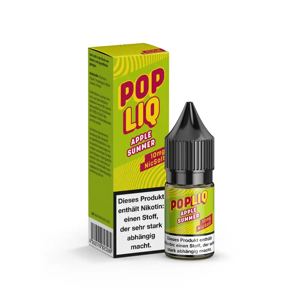 PopLiq Apple Summer 10ml Nikotinsalz-Liquid – Flasche mit grün-gelber Verpackung