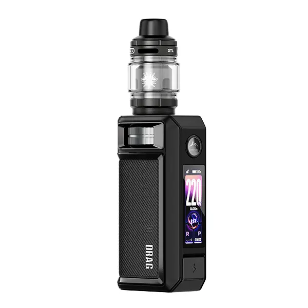 VooPoo Drag 6 Kit in Schwarz mit Carbon-Optik und aufgesetztem Tank, Farbdisplay sichtbar