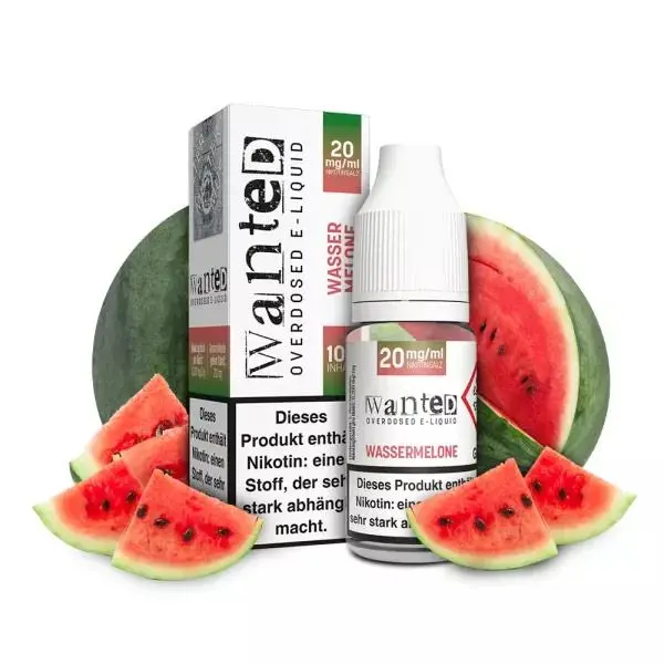 Wanted Wassermelone 20mg Nikotinsalz-Liquid – Flasche mit Verpackungsbox und Wassermelonen-Motiv
