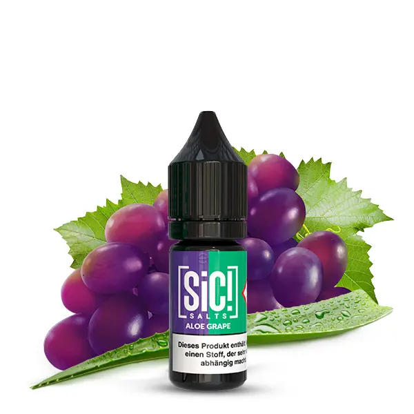 SiC! Salts Aloe Grape 10ml Nikotinsalz-Liquid – lila Flasche vor frischen Weintrauben auf grünem Hintergrund
