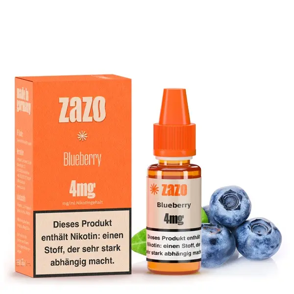ZAZO Classics Blueberry 10ml Liquid, 4mg, orangefarbene Verpackung mit Flasche und Heidelbeeren