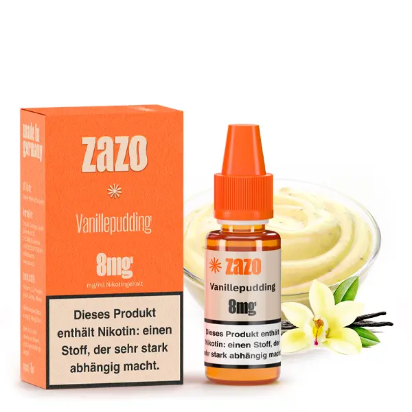 ZAZO Neo Vanillepudding 8mg Liquid – orangefarbene Schachtel mit 10ml Flasche, Vanillepudding-Motiv im Hintergrund
