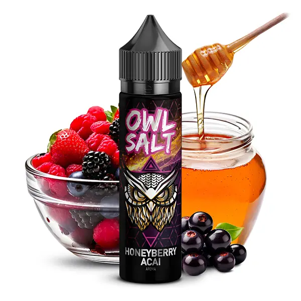 OWL Salt Honeyberry Longfill 60ml Flasche mit Beeren, Honig und Johannisbeeren im Hintergrund