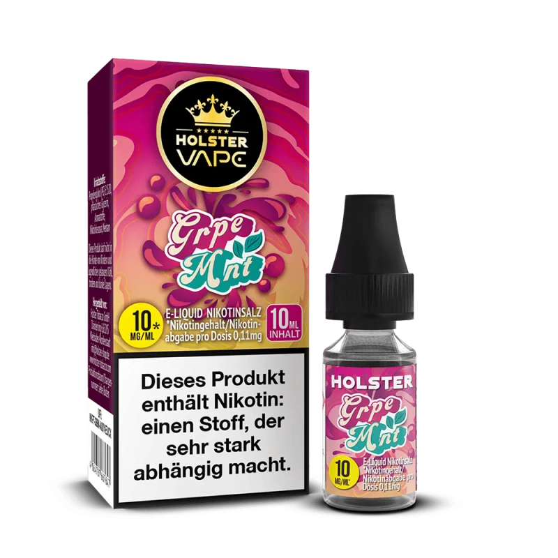 Holster Grpe Mnt 10ml Nikotinsalz-Liquid, pinke Verpackung mit Trauben-Motiv und 10mg-Flasche