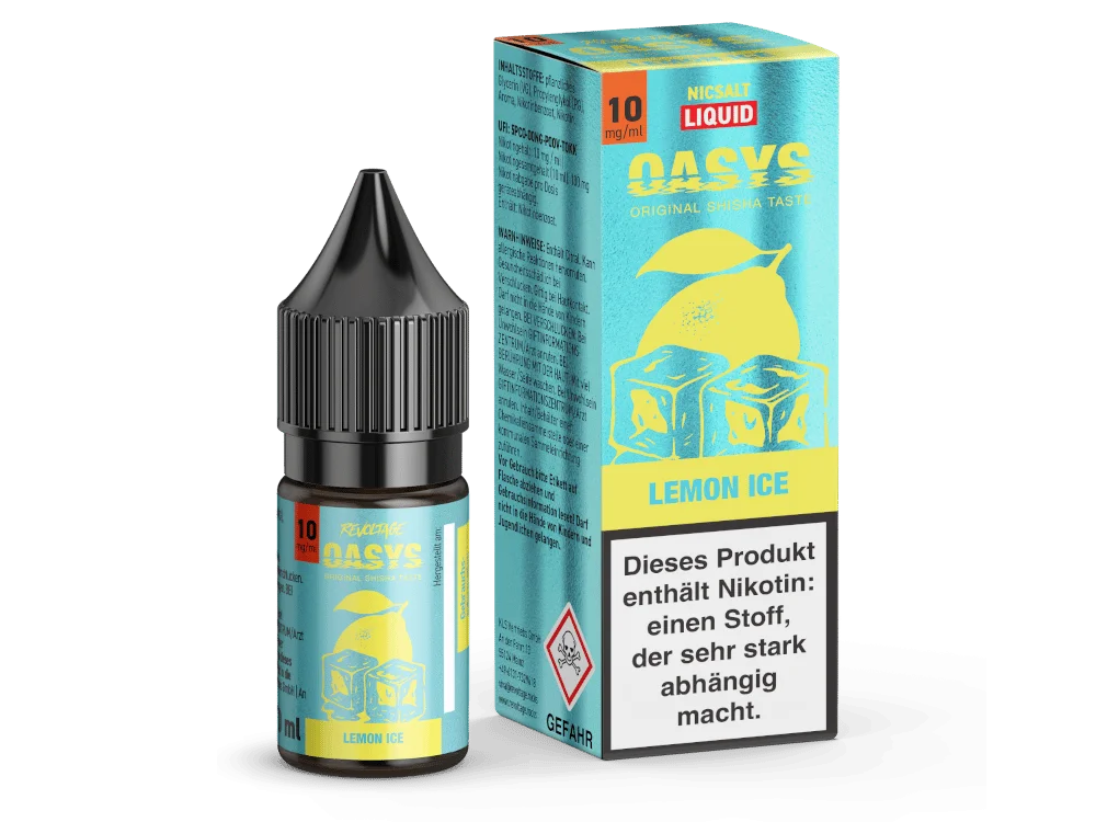 Revoltage Oasys Lemon Ice 10ml Nikotinsalz-Liquid in gelb-blauer Flasche mit Warnhinweis