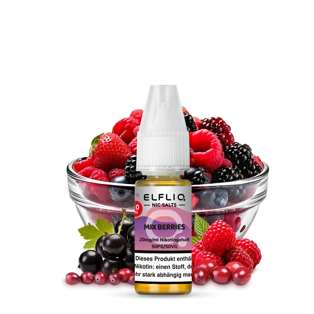 Elfliq Mix Berries Nikotinsalz-Liquid 10ml Flasche vor Schüssel mit Himbeeren, Brombeeren und Johannisbeeren