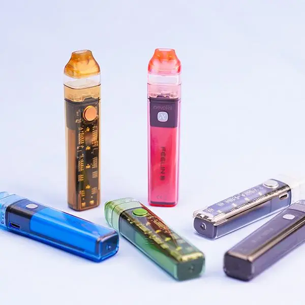 Nevoks Feelin C1 Pod Kit E-Zigarette in sechs Farben nebeneinander, transparentes Gehäuse