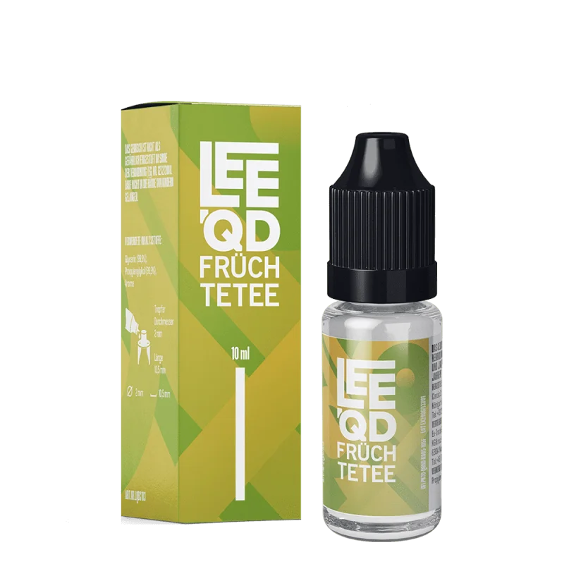 LEEQD Crazy Früchtetee 10ml eLiquid – Flasche und grüne Verpackung freistehend ohne Überlagerungen