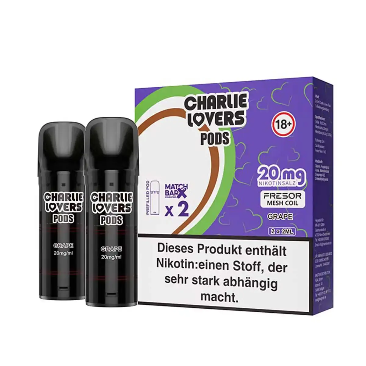 2 schwarze Charlie Lovers Prefilled Pods Grape in lila Verpackung, 20 mg Nikotin