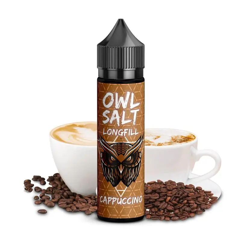 OWL Salt Cappuccino Longfill 10ml Flasche mit Kaffeemotiv und Cappuccino-Tassen im Hintergrund