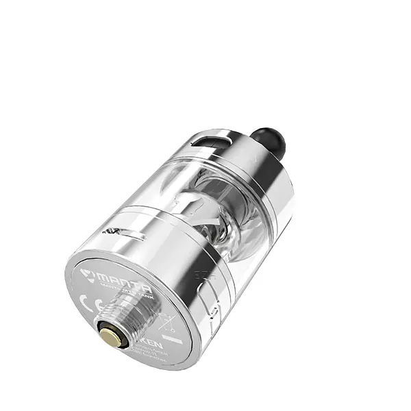 Advken Manta MTL Tank Verdampfer in Silber, Schrägansicht von vorne mit goldenem Luftstromregler