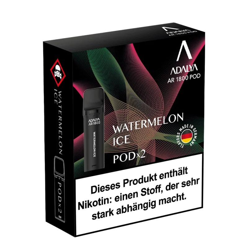 Adalya AR1800 Prefilled Pod Watermelon Ice – Verpackungsbox mit 2 Pods, rot-grüner Hintergrund
