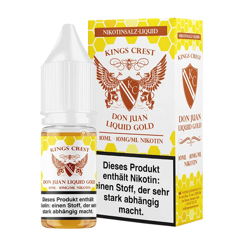 Kings Crest Don Juan Liquid Gold Nikotinsalz-Liquid 10ml – goldgelbe Verpackung mit Adler-Logo, Flasche und Umkarton