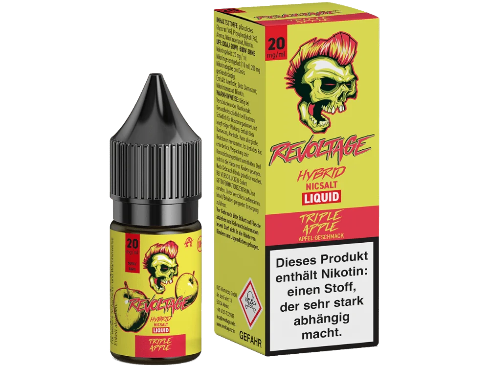 Revoltage Triple Apple 10ml Hybrid-Nikotinsalz-Liquid – Flasche mit Verpackung, gelb-rote Optik