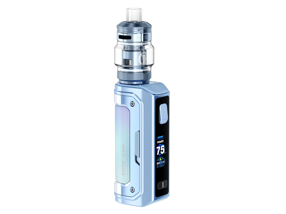 GeekVape Aegis Mini 5 E-Zigaretten-Set in Silber-Grau metallic mit aufgesetztem Verdampfer, Frontansicht