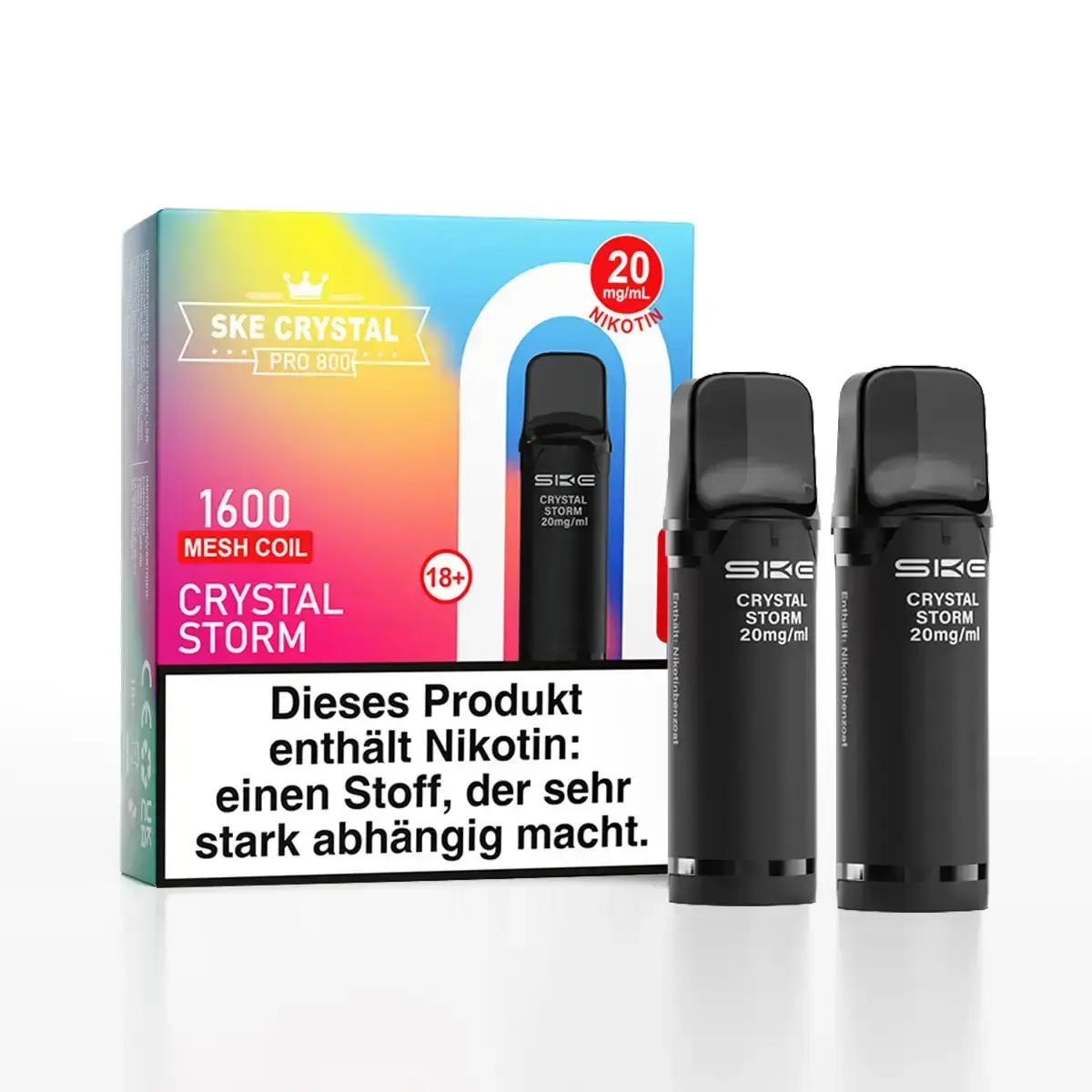 SKE Crystal 800 Pro Prefilled Pod Crystal Storm – 2er-Pack mit bunter Verpackung und zwei schwarzen Pods