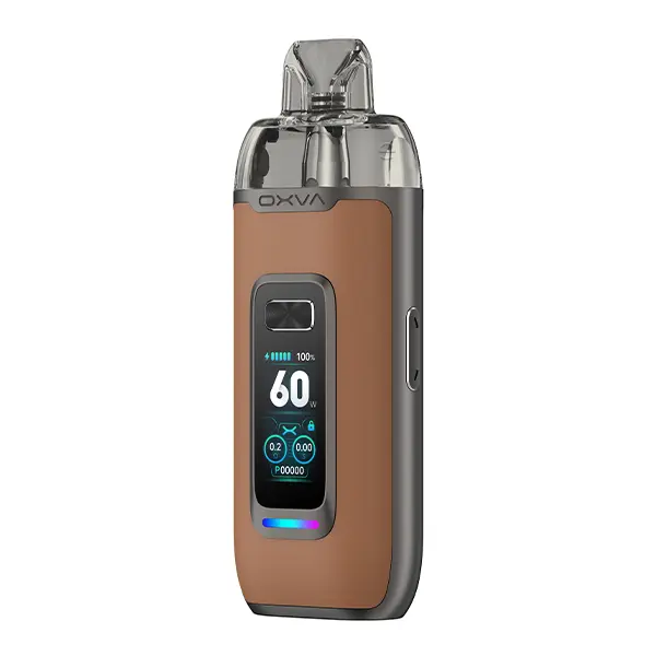 Oxva VPrime Pod Kit in Braun mit farbigem Display und transparentem Pod, Frontansicht