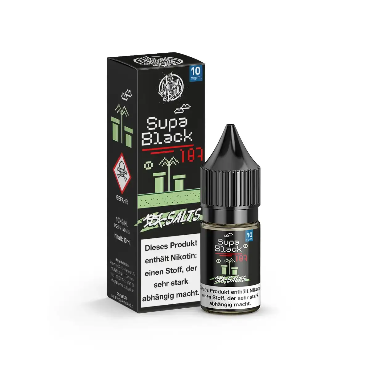 187 Strassenbande Supa Black 10ml Nikotinsalz-Liquid, Flasche mit schwarzgrüner Verpackung