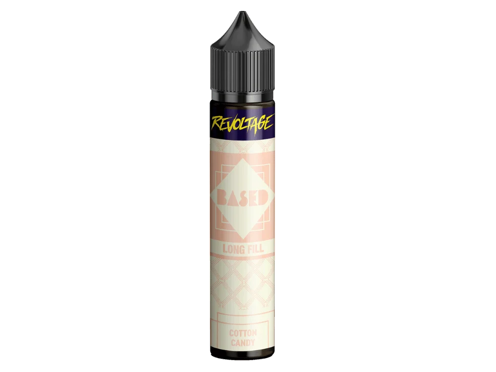 Revoltage Based Cotton Candy Longfill – 20-ml-Flasche mit cremefarbenem Etikett und schwarzem Verschluss