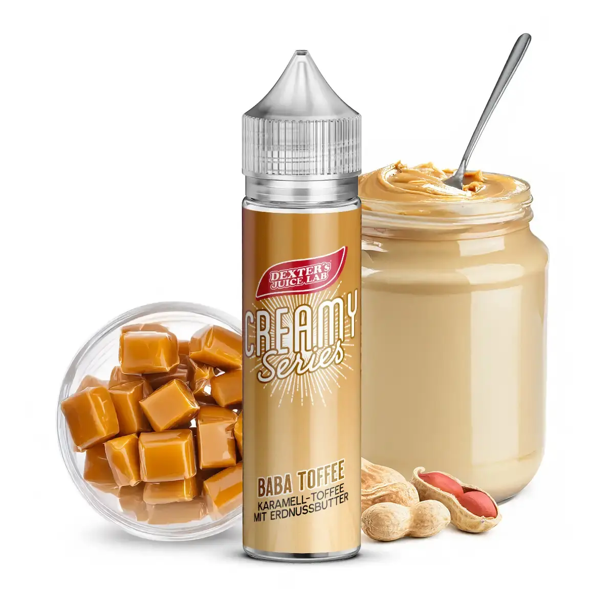 Dexters Juice Lab Creamy Series Baba Toffee Longfill 60 ml mit Erdnussbutter- und Toffee-Darstellung