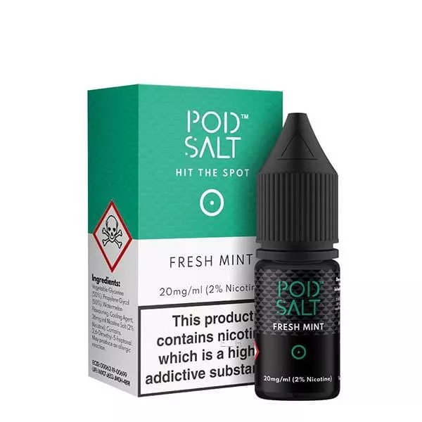 PodSalt Fresh Mint 10ml Nikotinsalz-Liquid mit türkis-grüner Verpackungsschachtel