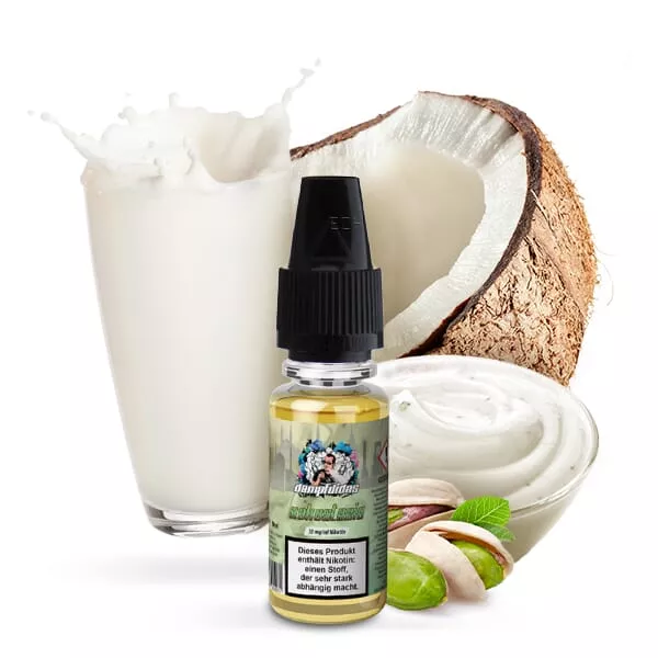 Dampfdidas Kokostazie Nikotinsalz-Liquid Flasche mit Kokosnuss, Milch und Joghurt im Hintergrund