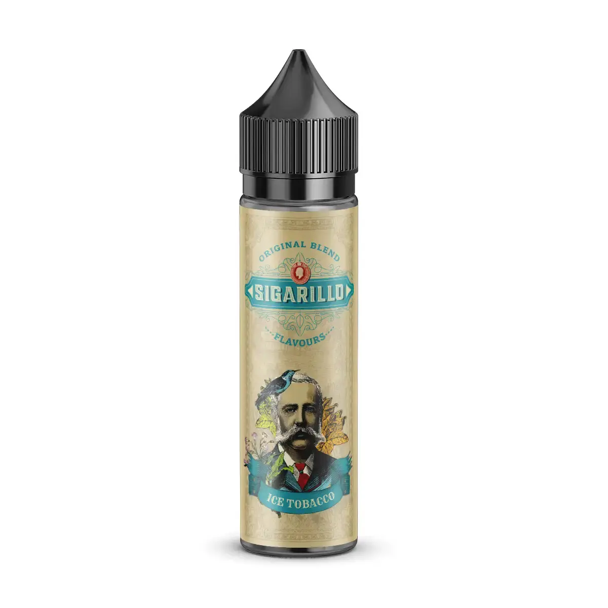 Sigarillo Longfill 60ml Flasche mit blau-türkisem Label und Herren-Portrait – Sigarillo Ice Tobacco Longfill