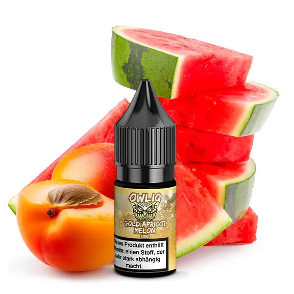OWL Owliq Gold Apricot Melon Nikotinsalz-Liquid 10ml Flasche mit Wassermelone und Aprikose im Hintergrund