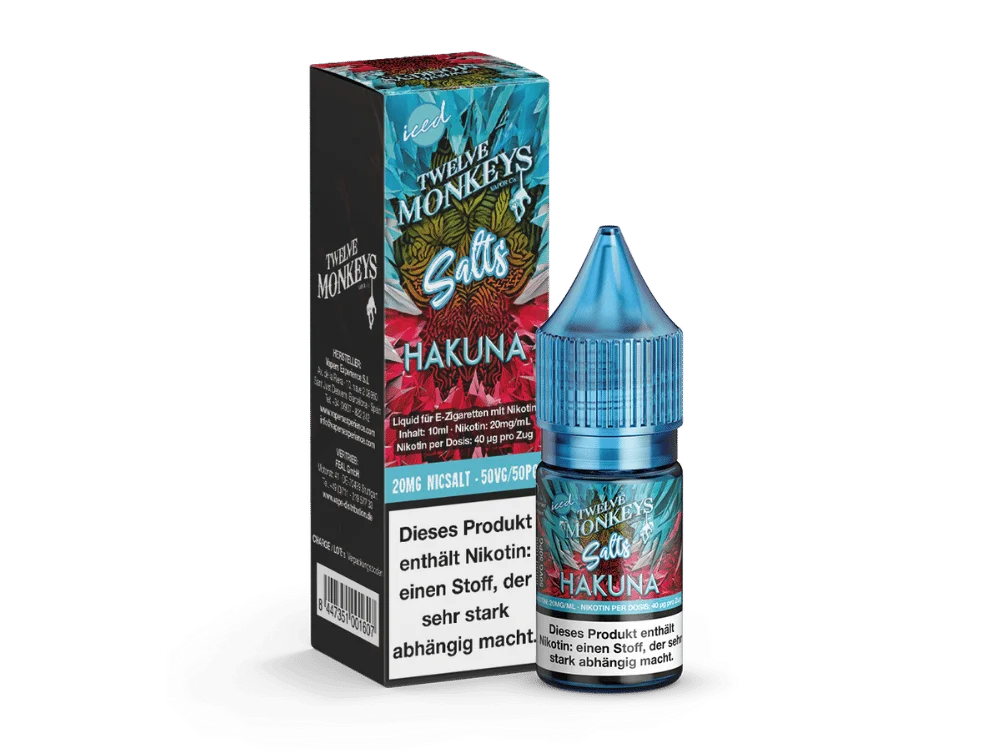 Twelve Monkeys Iced Hakuna 10ml Nikotinsalz-Liquid in Flasche mit blau-roter Verpackung