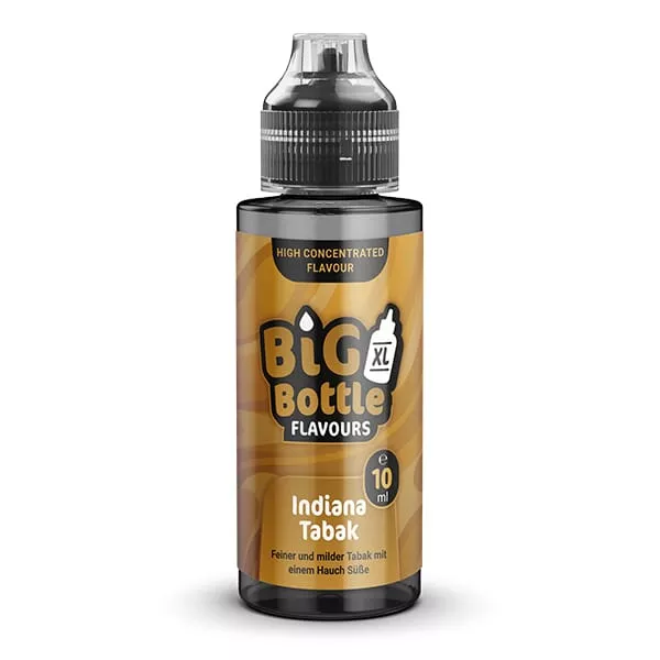 Big Bottle Flavours Indiana Tabak Longfill 10ml Flasche vor dunklem Hintergrund, Tabak-Aroma