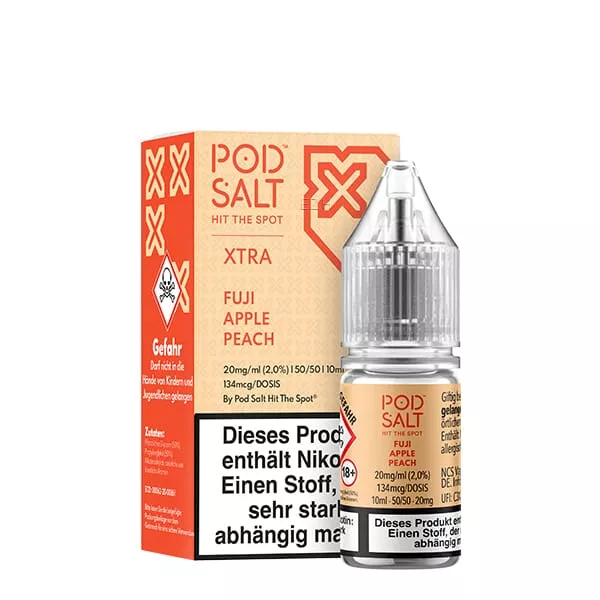 PodSalt Xtra Fuji Apple Peach 10ml Nikotinsalz-Liquid – Verpackungskarton und Flasche, Frontansicht