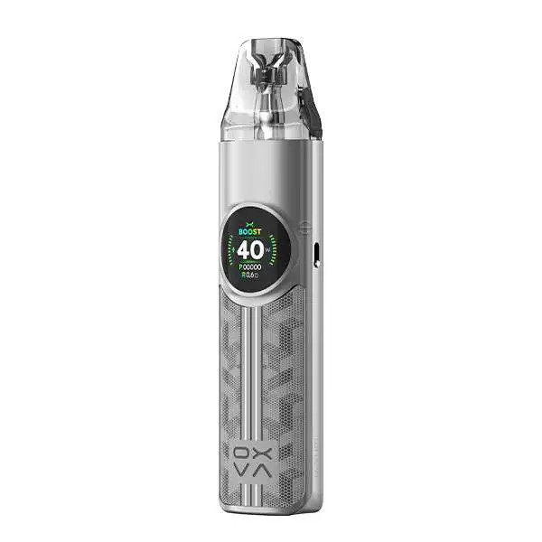 Oxva NeXlim Pod Kit in Silber mit rundem Display und aufgesetztem Pod, schlankes Akkuträger-Design