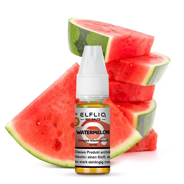 Elfliq Watermelon Nikotinsalz-Liquid 10ml Flasche von Elfbar, Wassermelonen-Motiv im Hintergrund